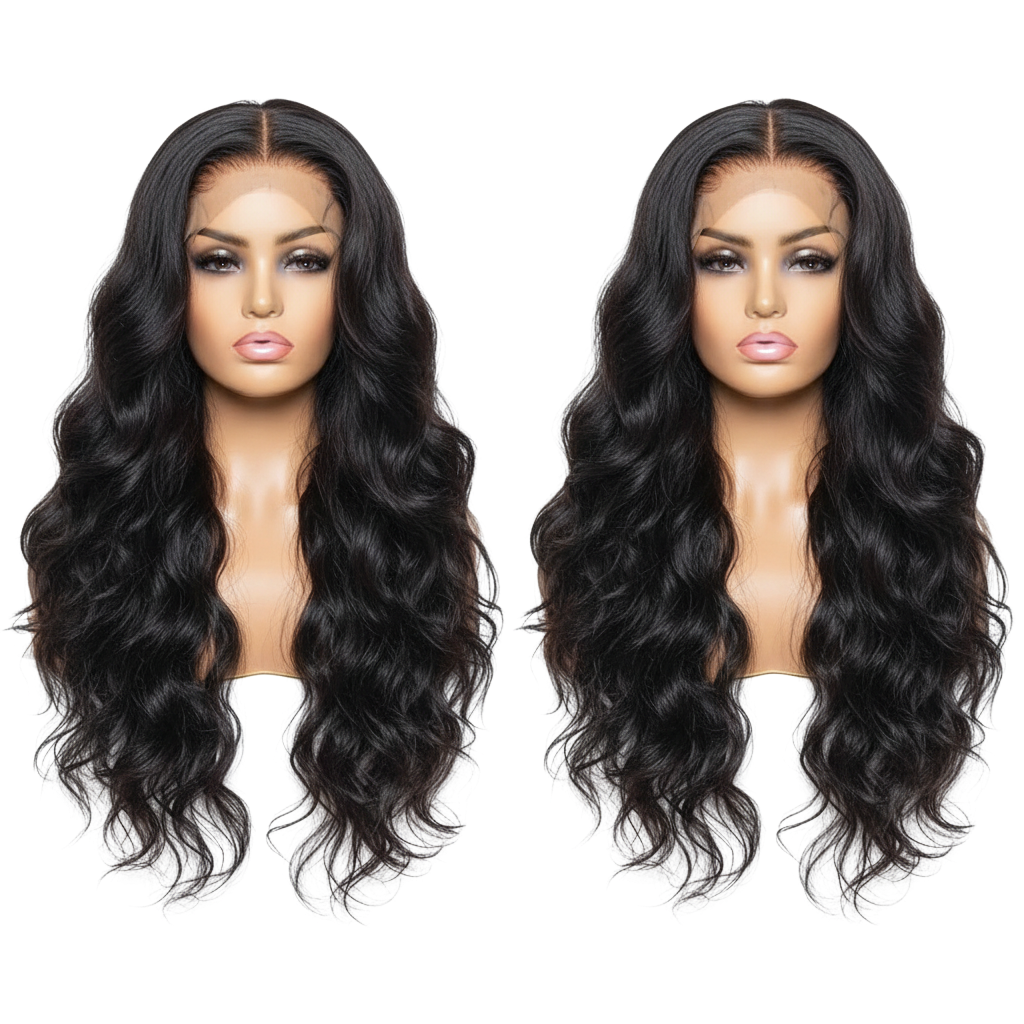 Yoyo Crown jet-black long wavy lace front human hair wig on a mannequin head with a natural-looking hairline.