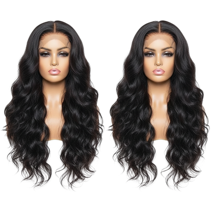 Yoyo Crown jet-black long wavy lace front human hair wig on a mannequin head with a natural-looking hairline.