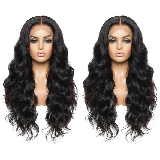 Yoyo Crown jet-black long wavy lace front human hair wig on a mannequin head with a natural-looking hairline.