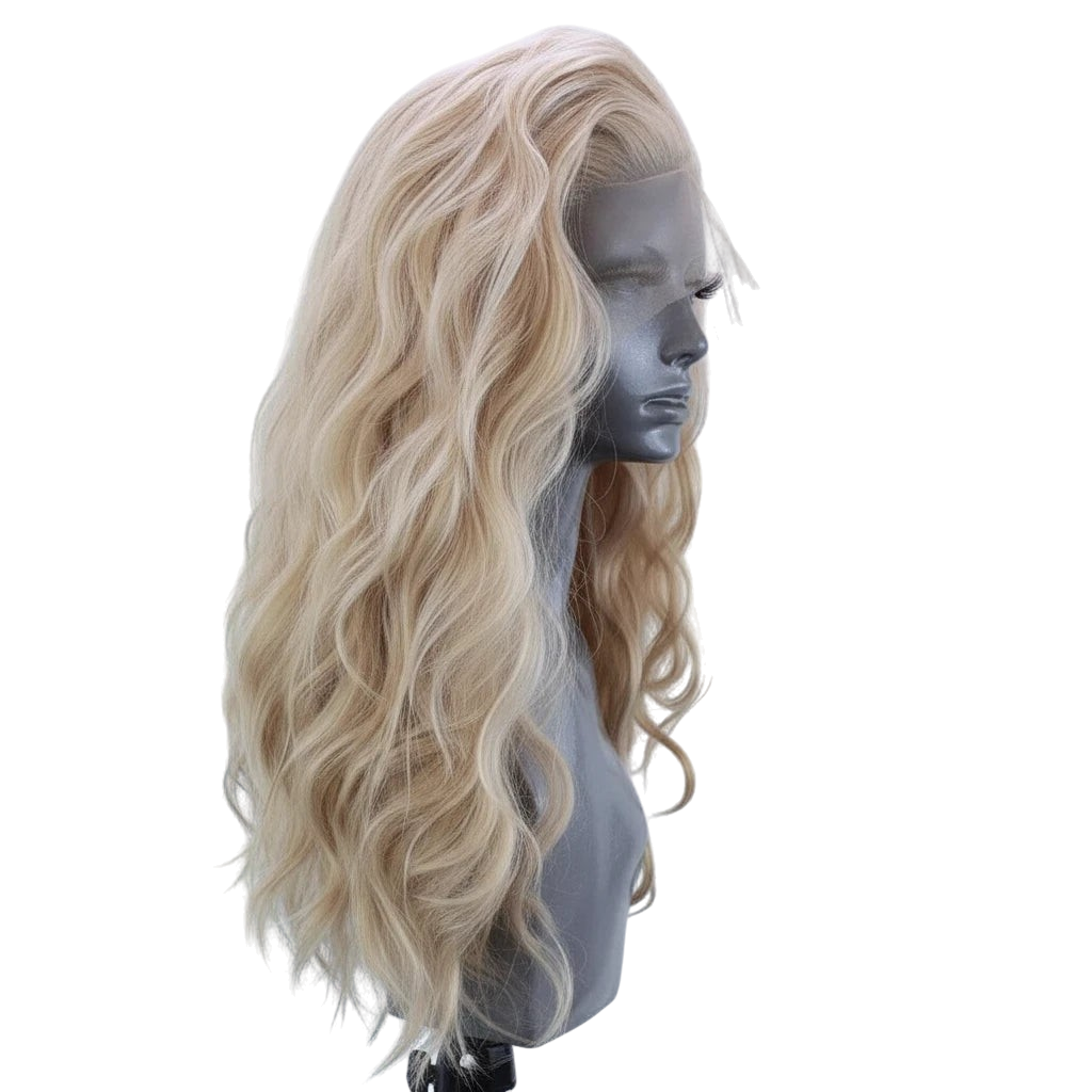 Yoyo Crown long wavy synthetic lace front wig in a soft linen-blonde shade on a mannequin head
