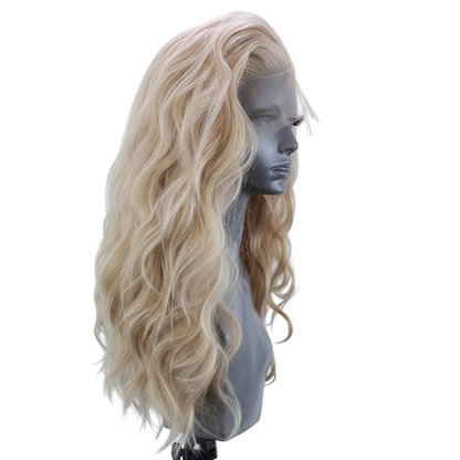 Yoyo Crown long wavy synthetic lace front wig in a soft linen-blonde shade on a mannequin head