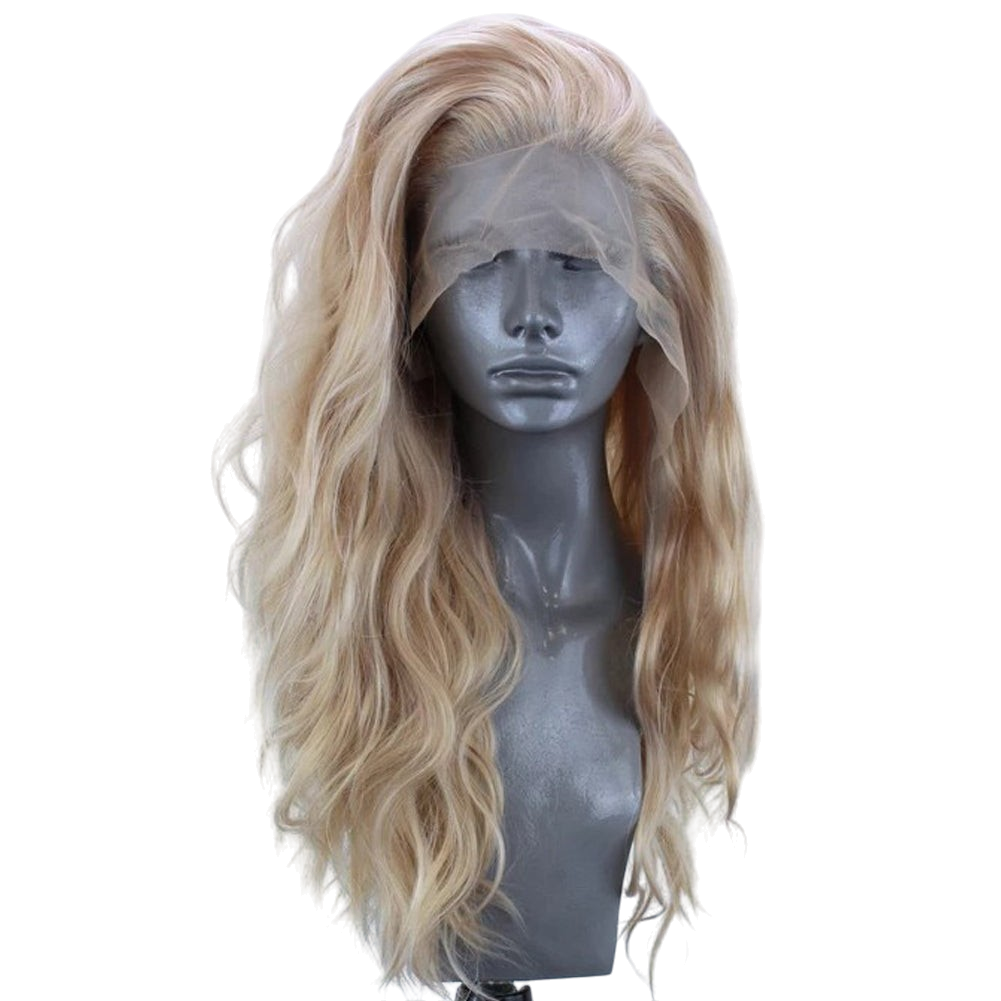 Yoyo Crown long wavy synthetic lace front wig in linen blonde on a mannequin head with a natural hairline.
