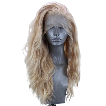 Yoyo Crown long wavy synthetic lace front wig in linen blonde on a mannequin head with a natural hairline.
