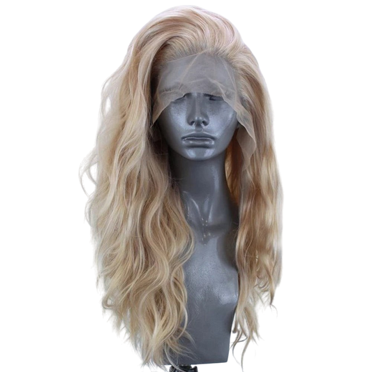 Yoyo Crown long wavy synthetic lace front wig in linen blonde on a mannequin head with a natural hairline.