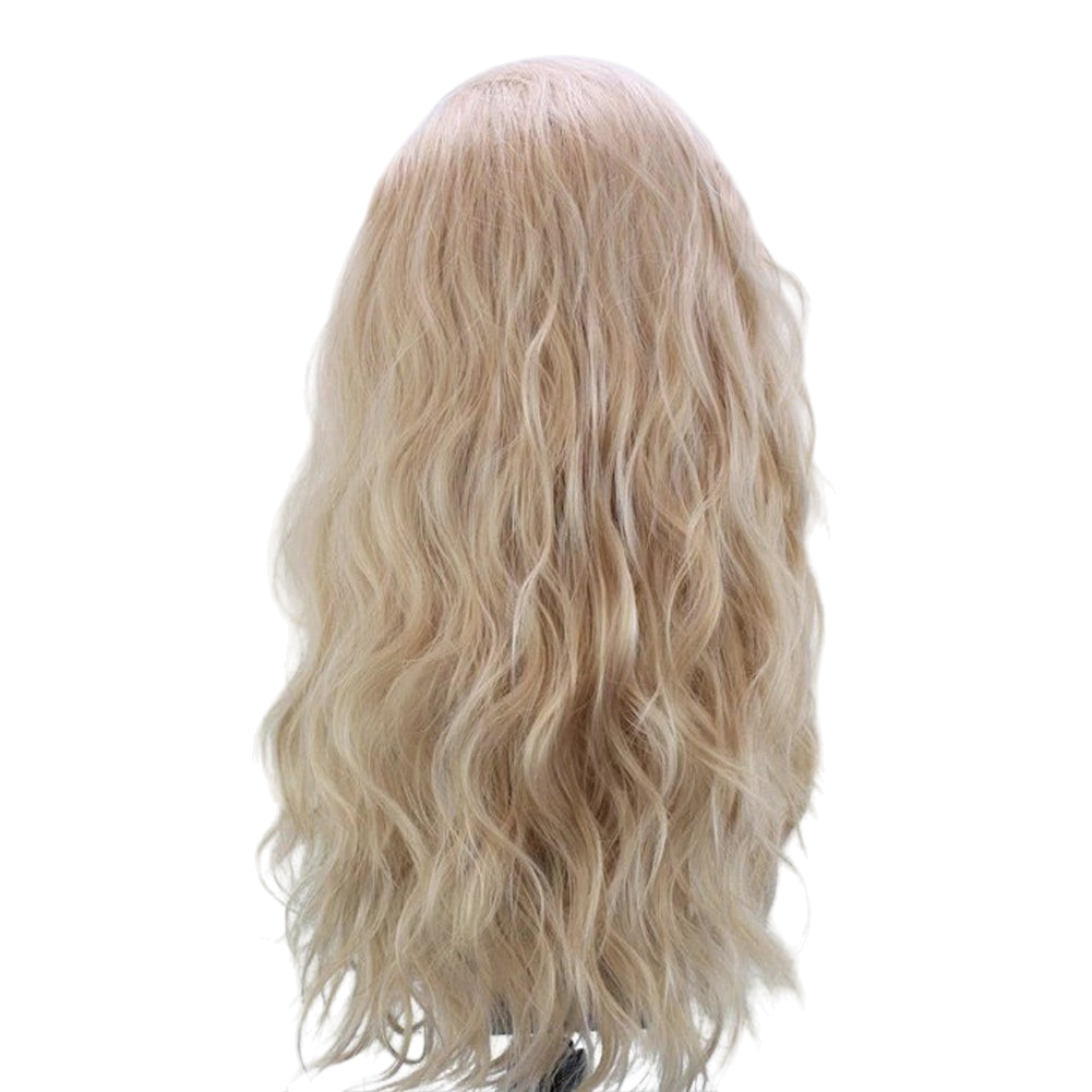 Yoyo Crown long wavy synthetic lace front wig in a soft linen-blonde color with voluminous flowing waves.