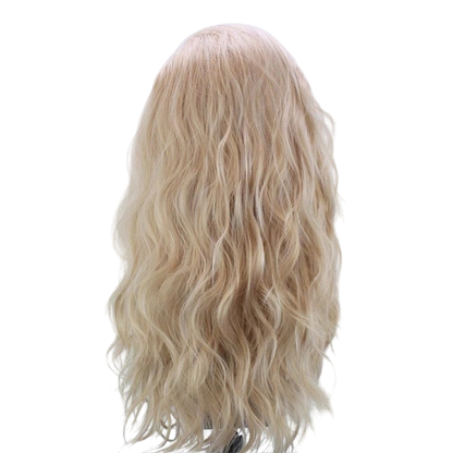 Yoyo Crown long wavy synthetic lace front wig in a soft linen-blonde color with voluminous flowing waves.