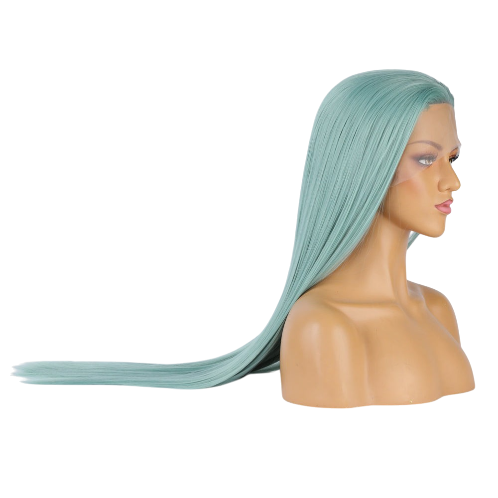 Yoyo Crown long straight mint green synthetic lace front wig on a mannequin head, side view.