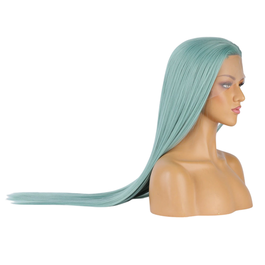 Yoyo Crown long straight mint green synthetic lace front wig on a mannequin head, side view.