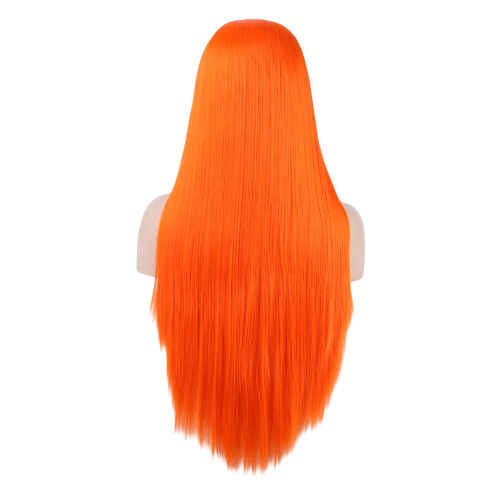 Yoyo Crown long straight vibrant orange synthetic lace front wig viewed from the back on a mannequin head