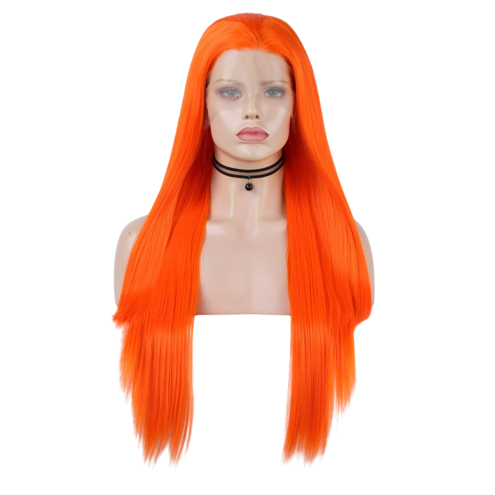 Yoyo Crown long straight vibrant orange lace front wig on a mannequin head with a natural-looking hairline.