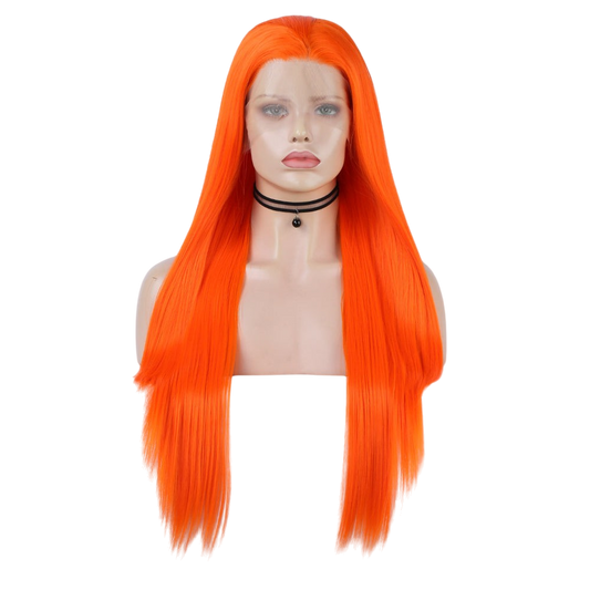 Yoyo Crown long straight vibrant orange lace front wig on a mannequin head with a natural-looking hairline.