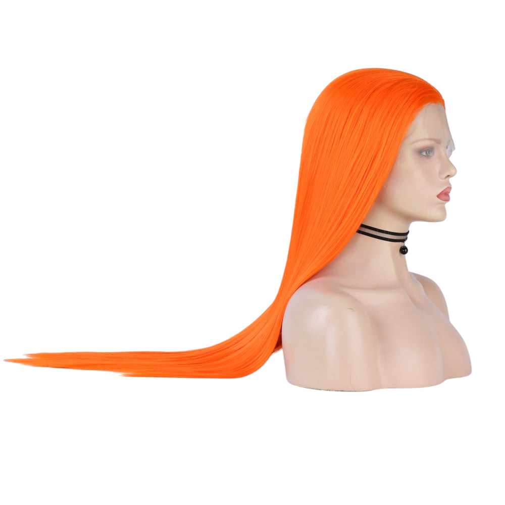Yoyo Crown long straight orange lace front wig on a mannequin head showing a natural hairline and vibrant color