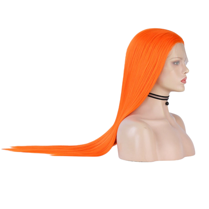 Yoyo Crown long straight orange lace front wig on a mannequin head showing a natural hairline and vibrant color