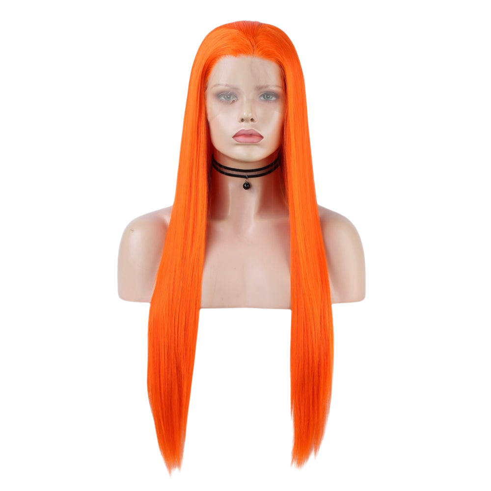 Yoyo Crown long straight vibrant orange lace front wig on a mannequin head with a natural hairline
