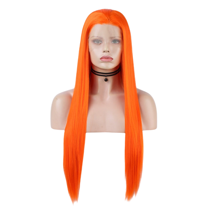 Yoyo Crown long straight vibrant orange lace front wig on a mannequin head with a natural hairline