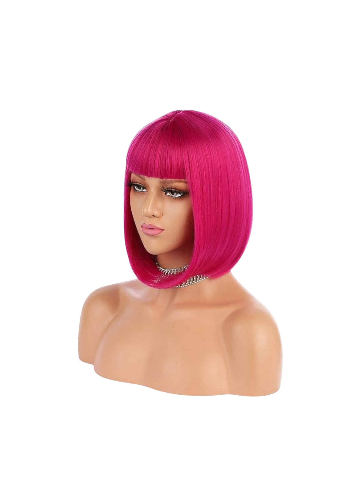 Yoyo Crown hot pink synthetic short bob wig with straight bangs on a mannequin head