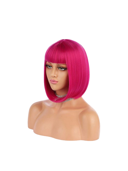 Yoyo Crown hot pink synthetic short bob wig with straight bangs on a mannequin head
