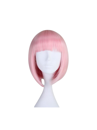 Yoyo Crown light pink synthetic short bob wig with straight bangs on a white mannequin head