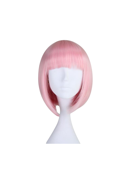 Yoyo Crown light pink synthetic short bob wig with straight bangs on a white mannequin head