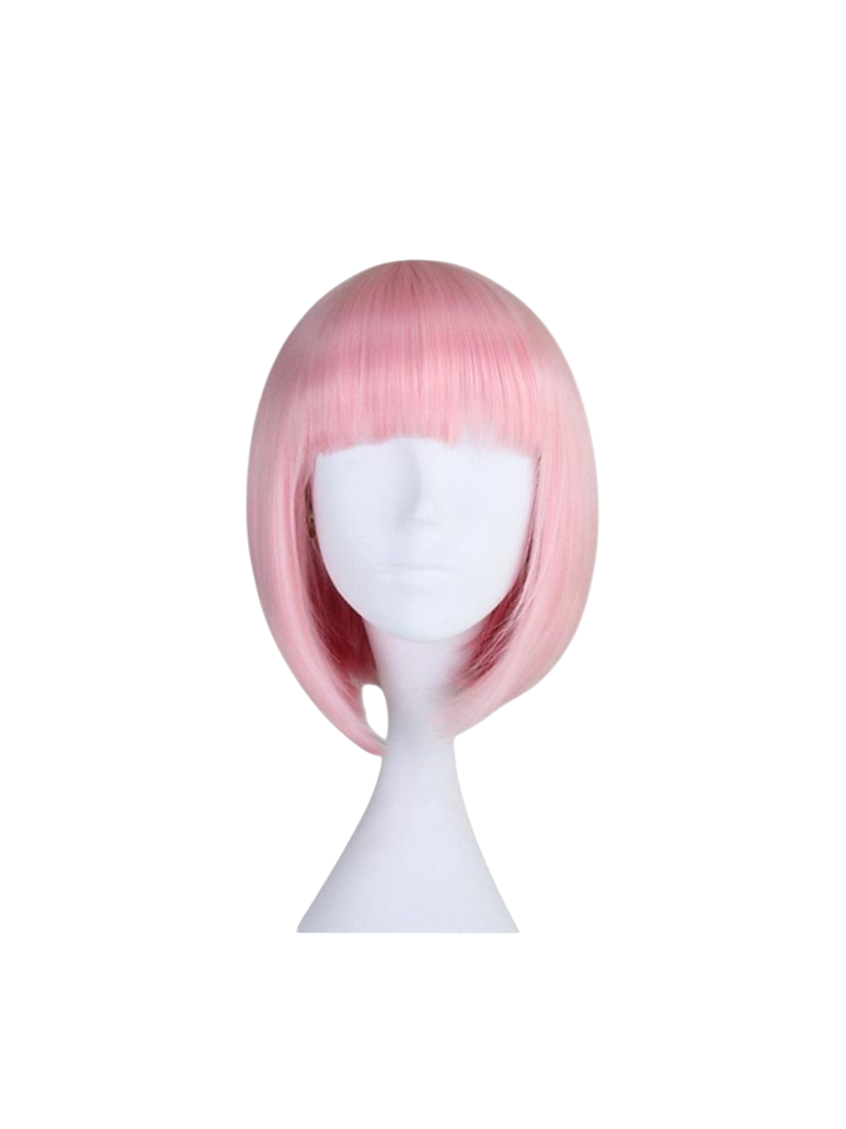 Yoyo Crown short pink synthetic bob wig with straight bangs on a white mannequin head for cosplay and costume wear