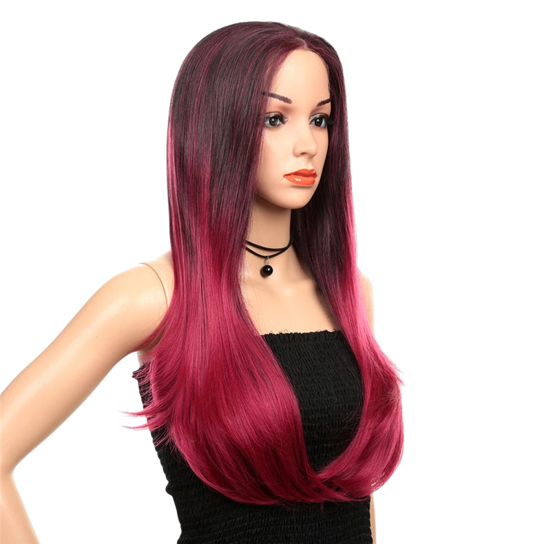 Yoyo Crown Pink Fusion long straight synthetic lace wig with dark roots and vibrant magenta ombre finish