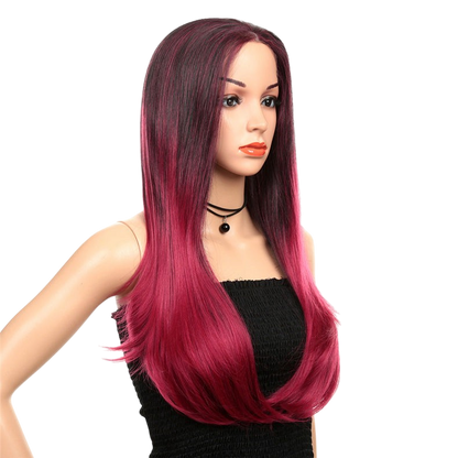 Yoyo Crown Pink Fusion long straight synthetic lace wig with dark roots and vibrant magenta ombre finish