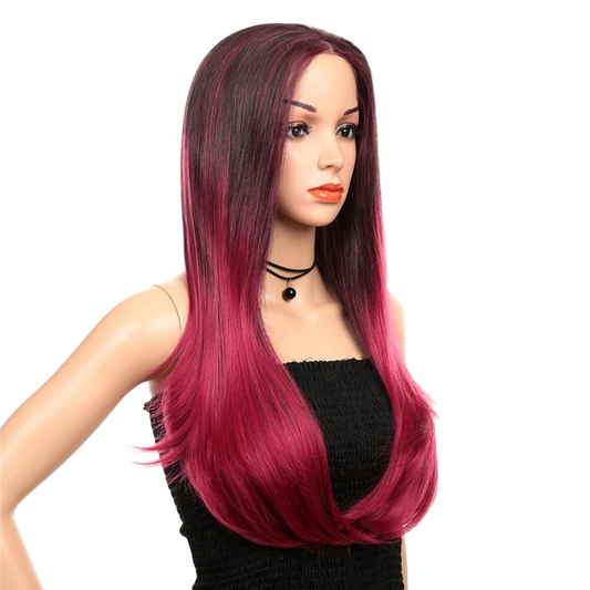 Yoyo Crown Pink Fusion long straight synthetic lace wig with dark roots and vibrant magenta ombre finish