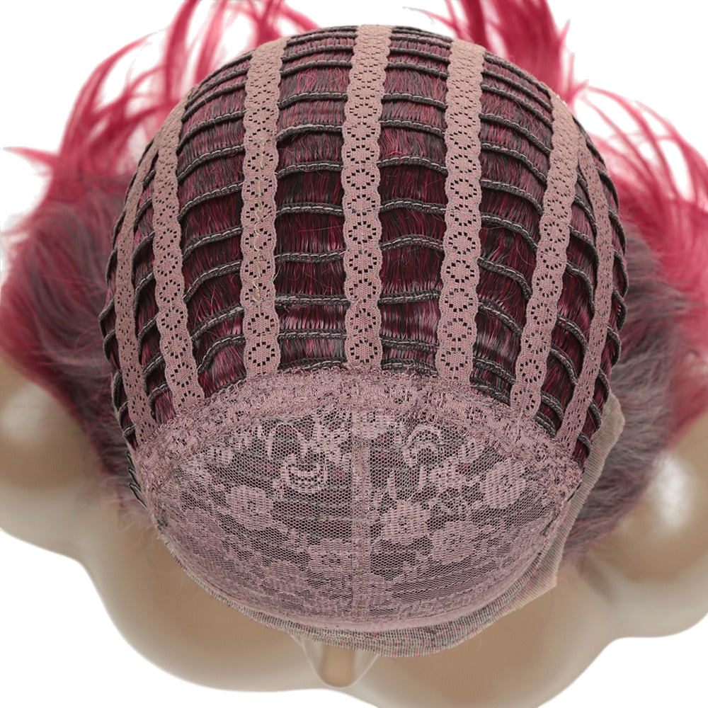 Yoyo Crown mixed-magenta straight lace wig showing the interior cap construction with adjustable straps and lace mesh