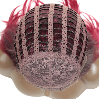 Yoyo Crown mixed-magenta straight lace wig showing the interior cap construction with adjustable straps and lace mesh