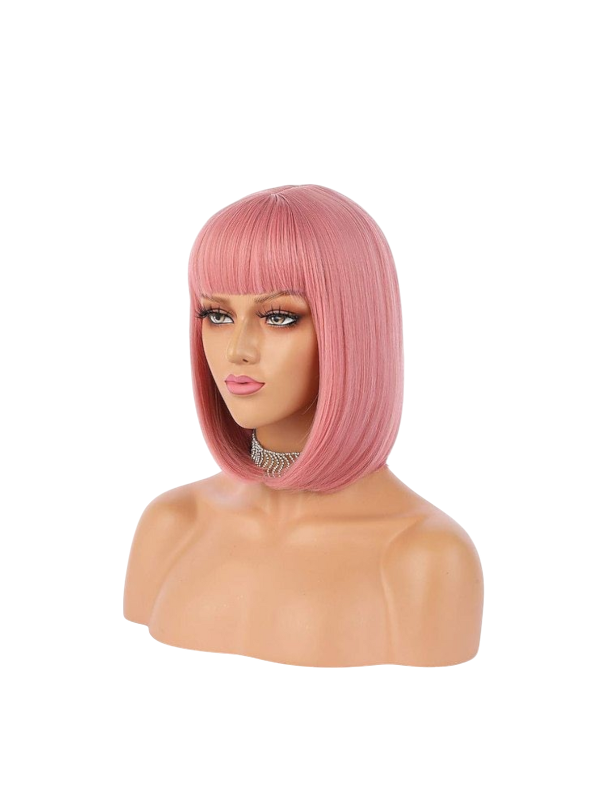 Yoyo Crown pastel pink synthetic short bob wig with straight bangs on a mannequin head