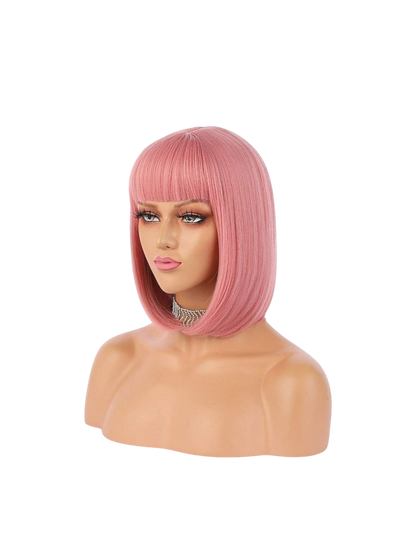 Yoyo Crown pastel pink synthetic short bob wig with straight bangs on a mannequin head