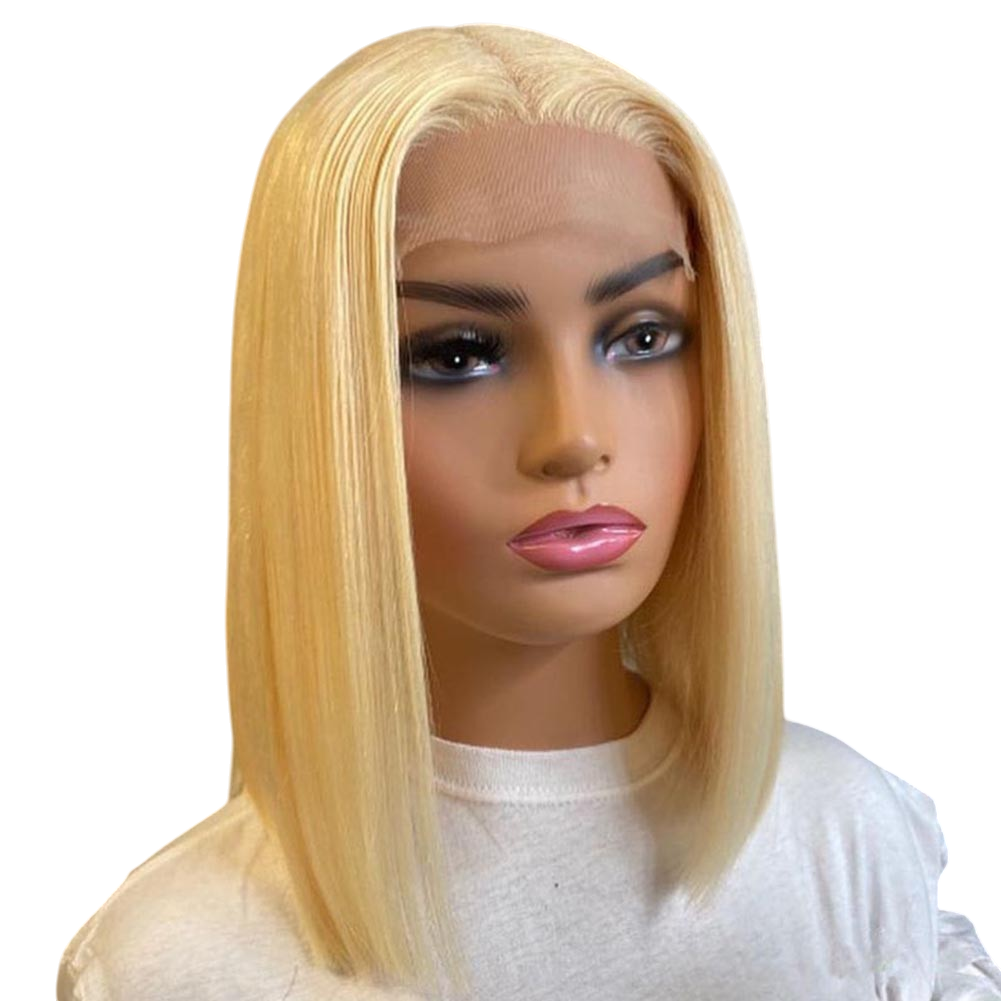 Yoyo Crown platinum blonde straight bob lace front wig on a mannequin head with a natural-looking hairline.