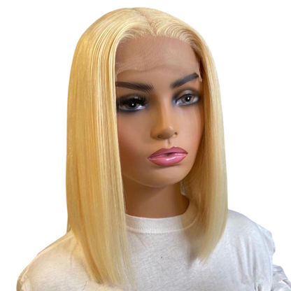 Yoyo Crown platinum blonde straight bob lace front wig on a mannequin head with a natural-looking hairline.