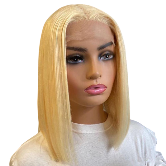 Yoyo Crown platinum blonde straight bob lace front wig on a mannequin head with a natural-looking hairline.