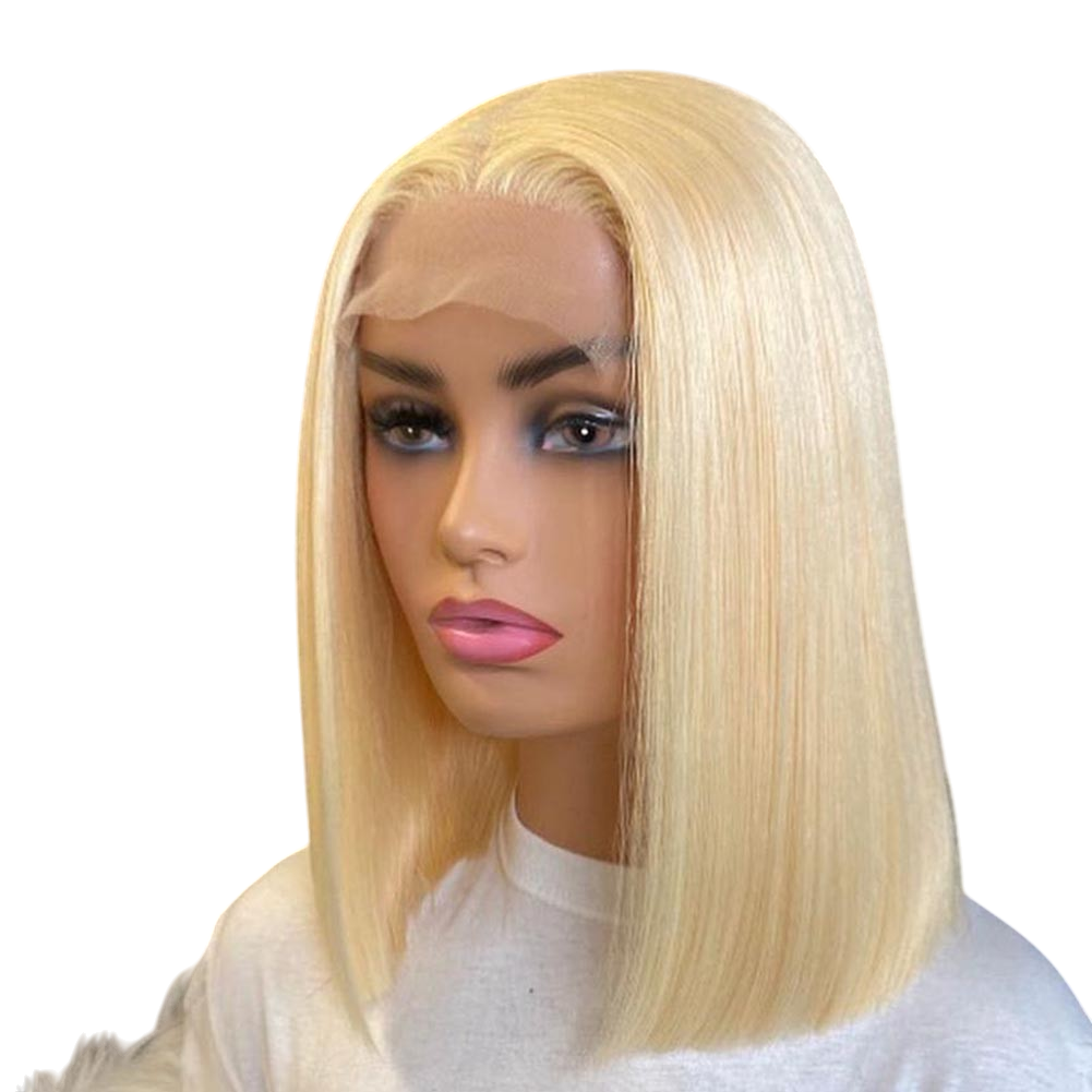 Yoyo Crown platinum blonde straight bob wig on a mannequin head featuring a natural lace front hairline.