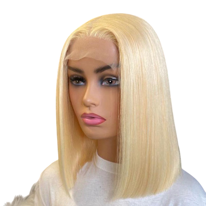 Yoyo Crown platinum blonde straight bob wig on a mannequin head featuring a natural lace front hairline.