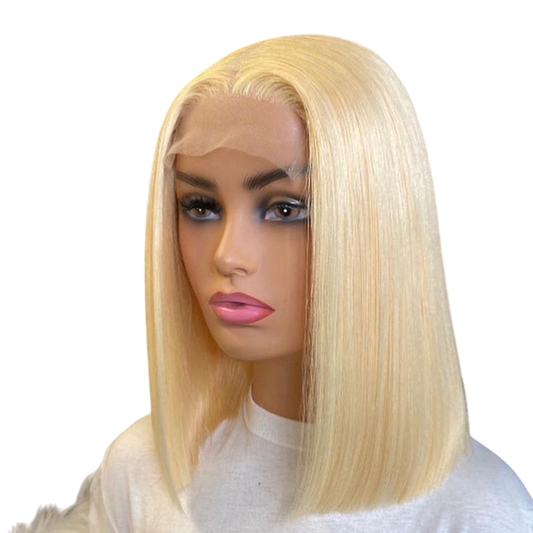 Yoyo Crown platinum blonde straight bob wig on a mannequin head featuring a natural lace front hairline.