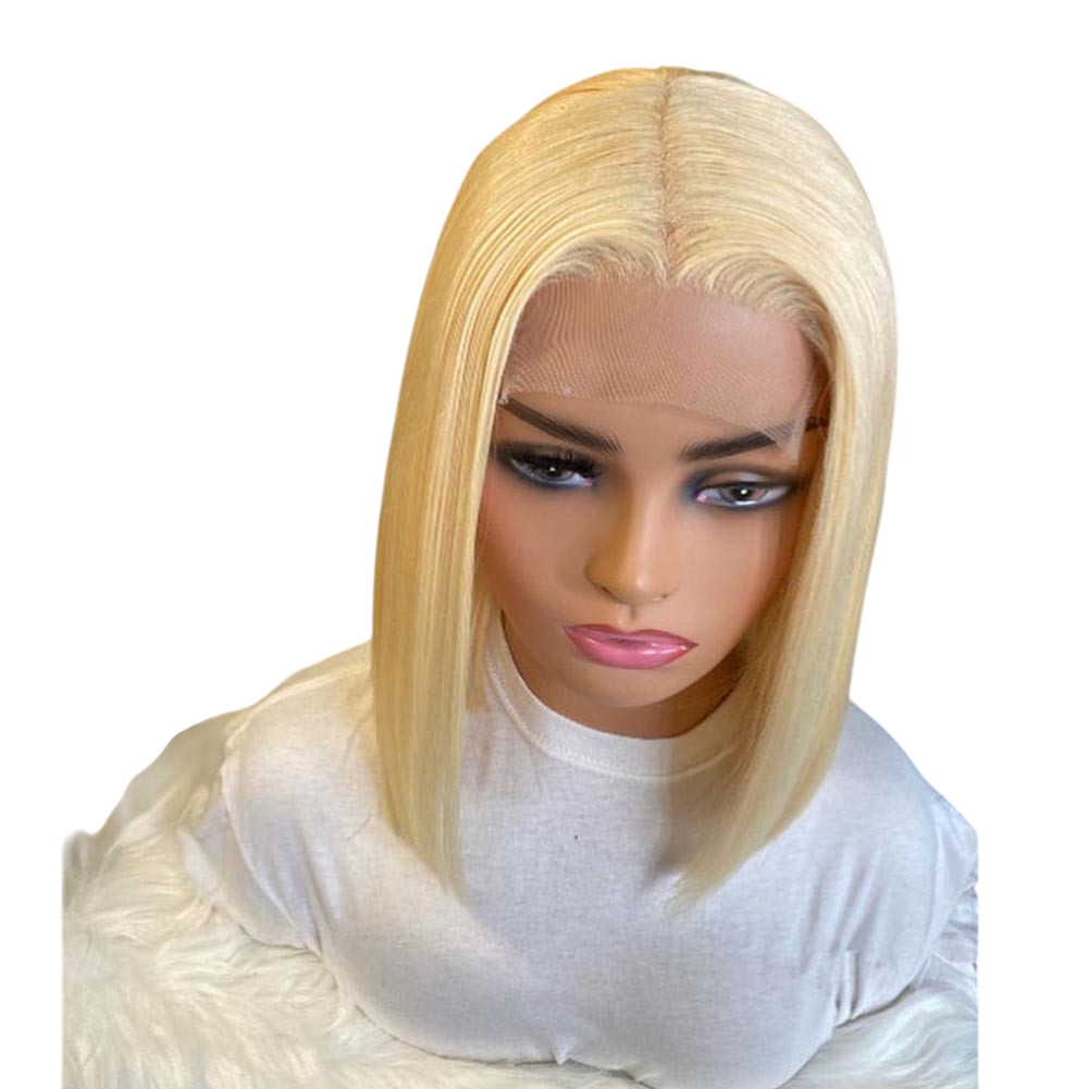 Yoyo Crown platinum blonde straight bob lace front wig on a mannequin head with a natural hairline