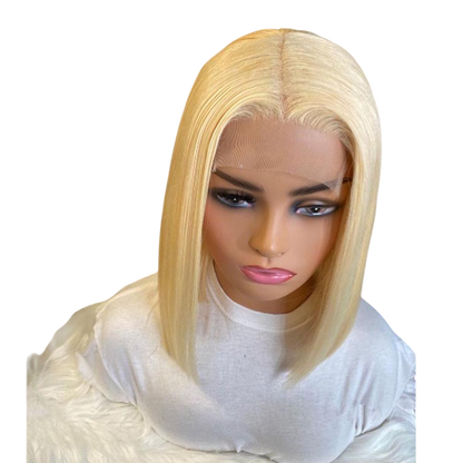 Yoyo Crown platinum blonde straight bob lace front wig on a mannequin head with a natural hairline
