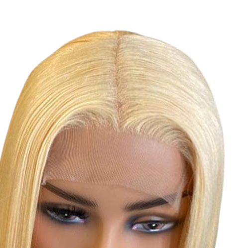 Yoyo Crown platinum blonde lace front bob wig with a natural-looking hairline on a mannequin head