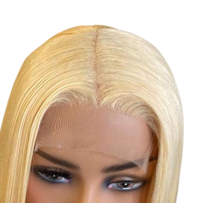 Yoyo Crown platinum blonde lace front bob wig with a natural-looking hairline on a mannequin head