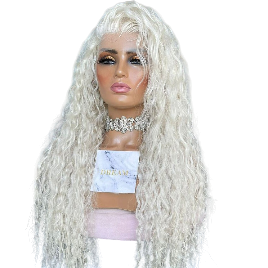 Yoyo Crown platinum blonde long wavy lace front synthetic wig on a mannequin with a crystal choker