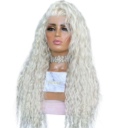 Yoyo Crown platinum blonde long wavy lace front synthetic wig on a mannequin with a crystal choker