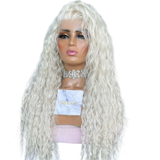 Yoyo Crown platinum blonde long wavy lace front synthetic wig on a mannequin with a crystal choker