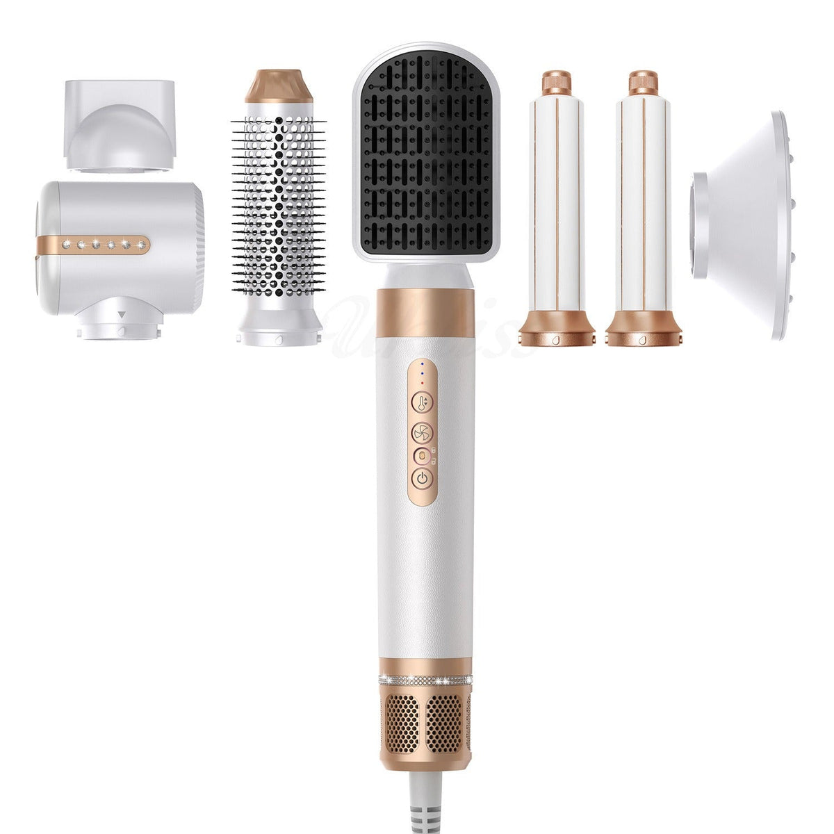 Yoyo Crown 7-in-1 professional hair styling set in platinum with multiple attachments for drying, curling, and smoothing.