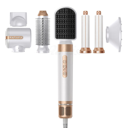 Yoyo Crown 7-in-1 professional hair styling set in platinum with multiple attachments for drying, curling, and smoothing.