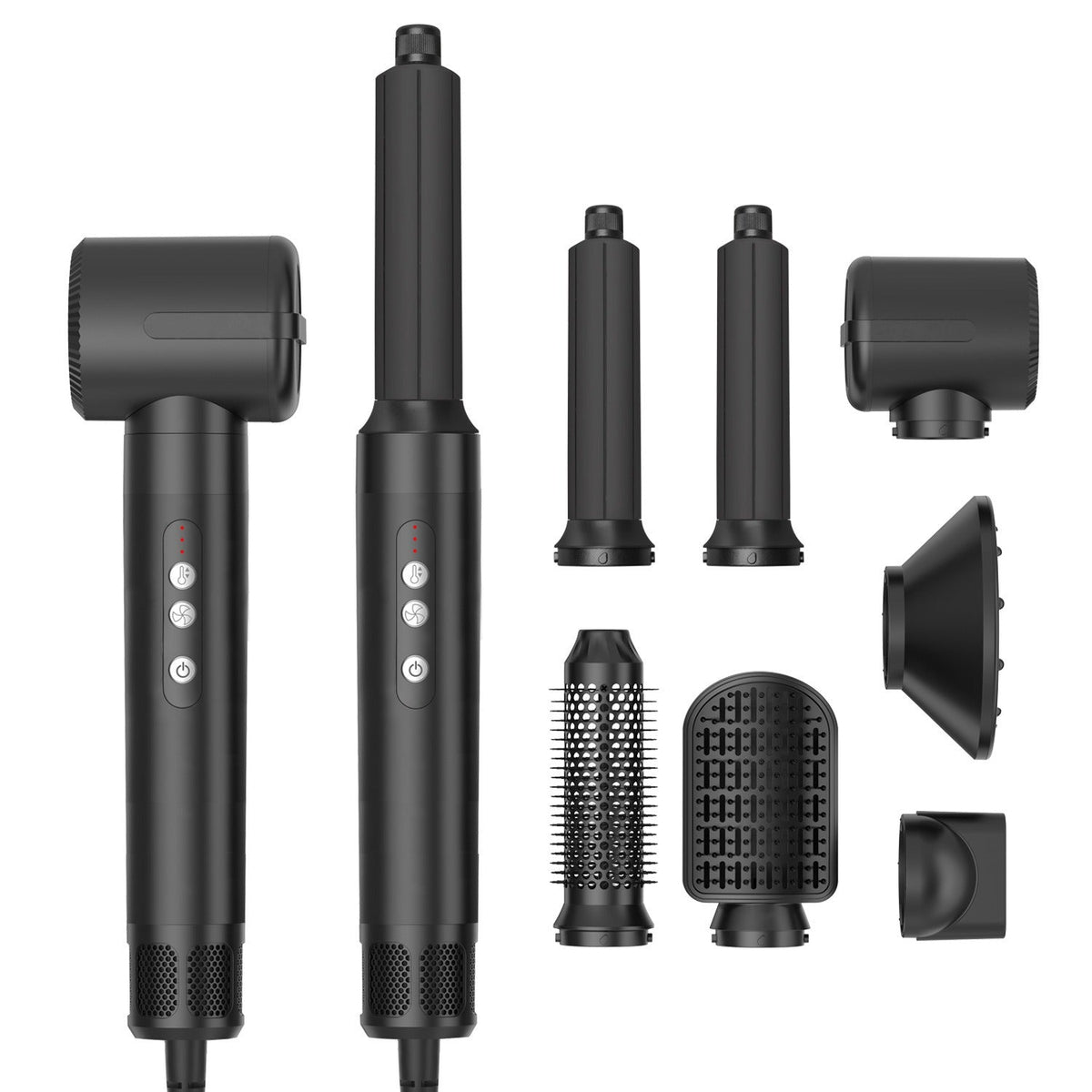 Yoyo Crown 7-in-1 professional hair styling set in black with multiple interchangeable attachments for hair care.