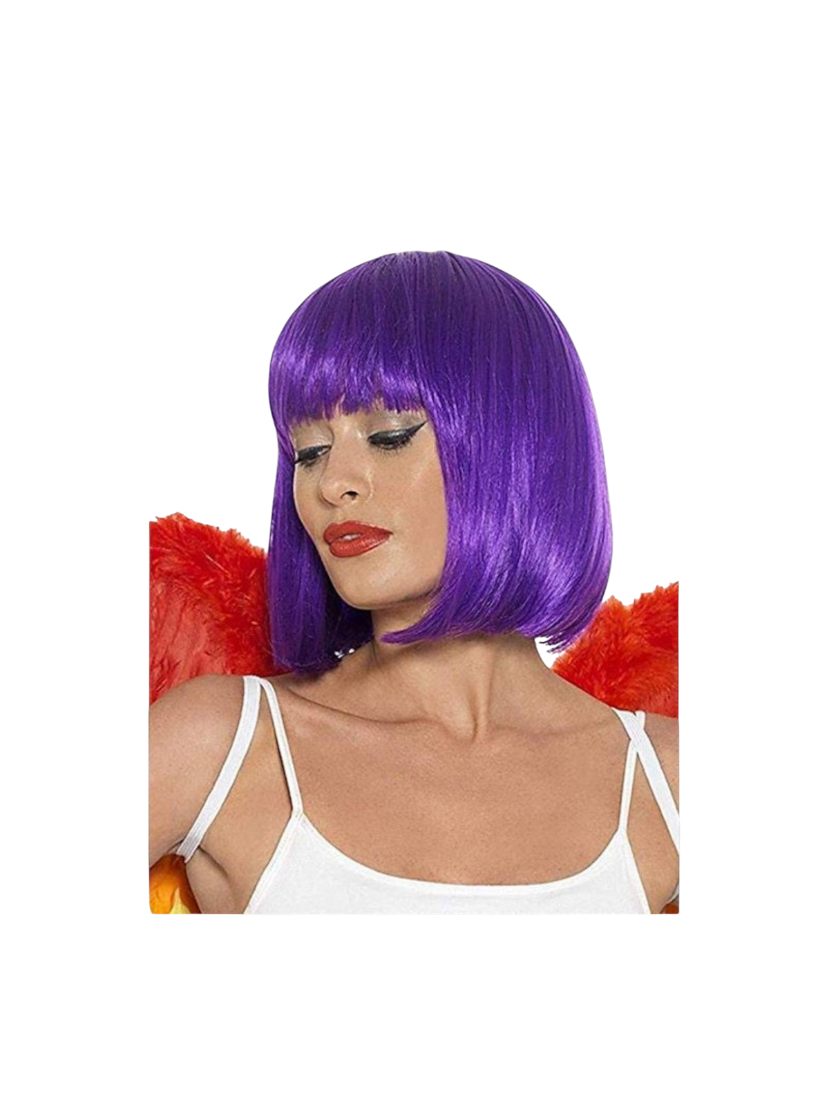 Yoyo Crown vibrant purple short bob synthetic wig with straight bangs worn by a woman with red feathered wings