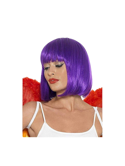 Yoyo Crown vibrant purple short bob synthetic wig with straight bangs worn by a woman with red feathered wings