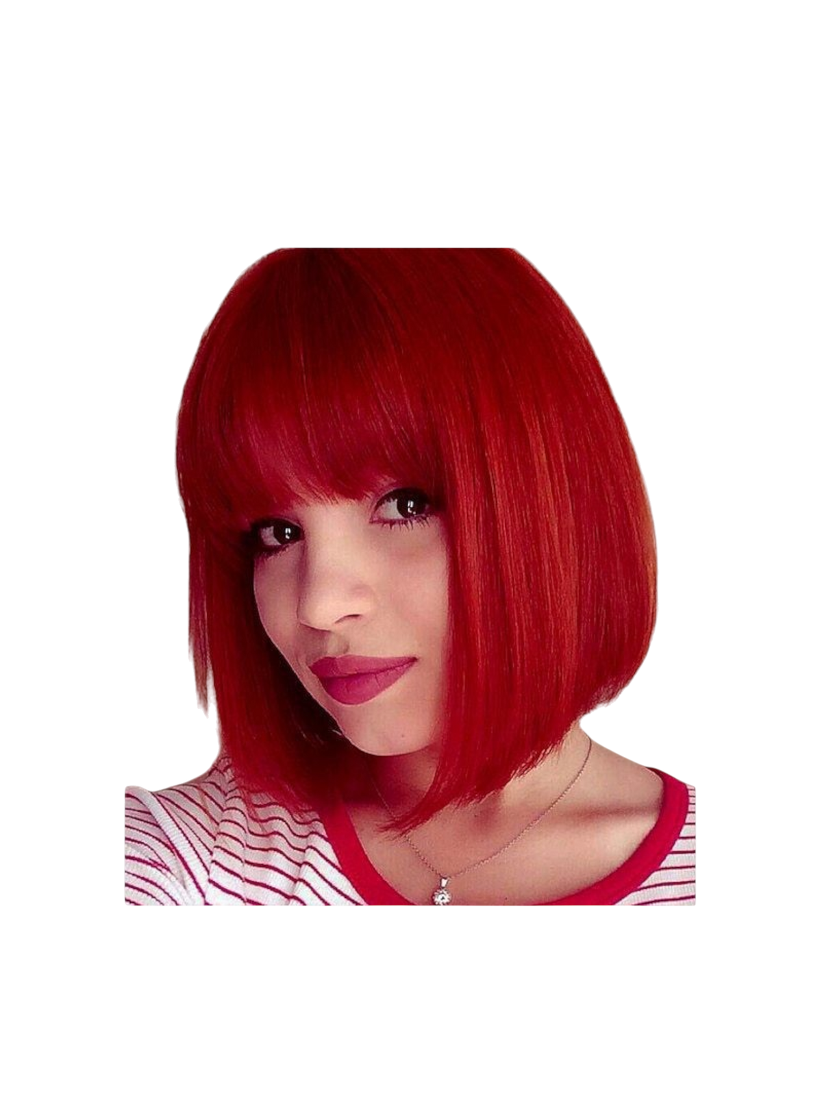 Yoyo Crown vibrant red short bob synthetic wig with straight bangs worn by a woman for cosplay or fashion